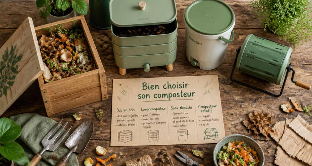 quel composteur choisir composteurs variés et déchets organiques sur table