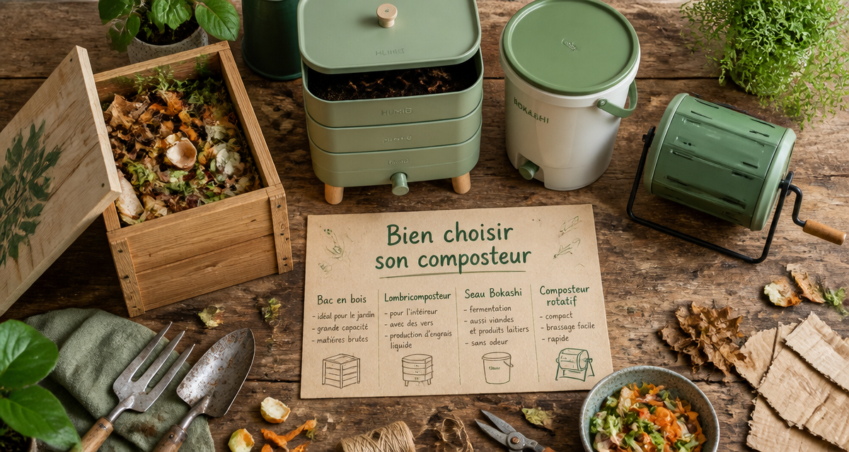 quel composteur choisir composteurs variés et déchets organiques sur table