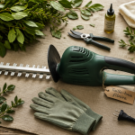 taille haie electrique filaire avec gants et branches coupées