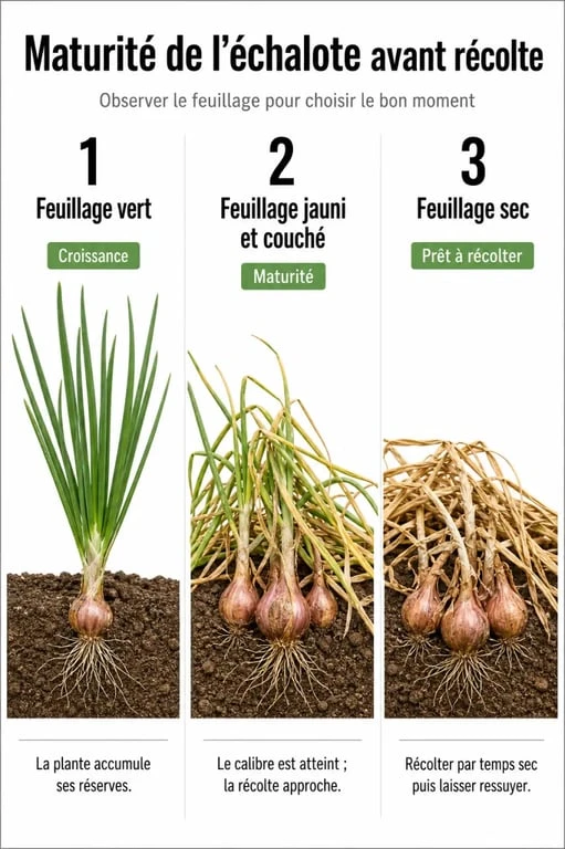 Infographie montrant les signes de maturité pour savoir quand récolter les échalotes au jardin