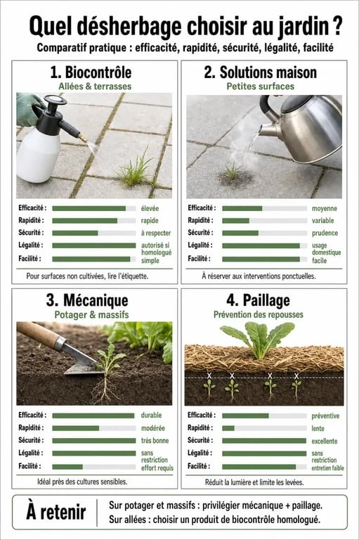 Quel est le meilleur désherbant : comparatif visuel des solutions pour allées, pelouse, potager et zones minérales