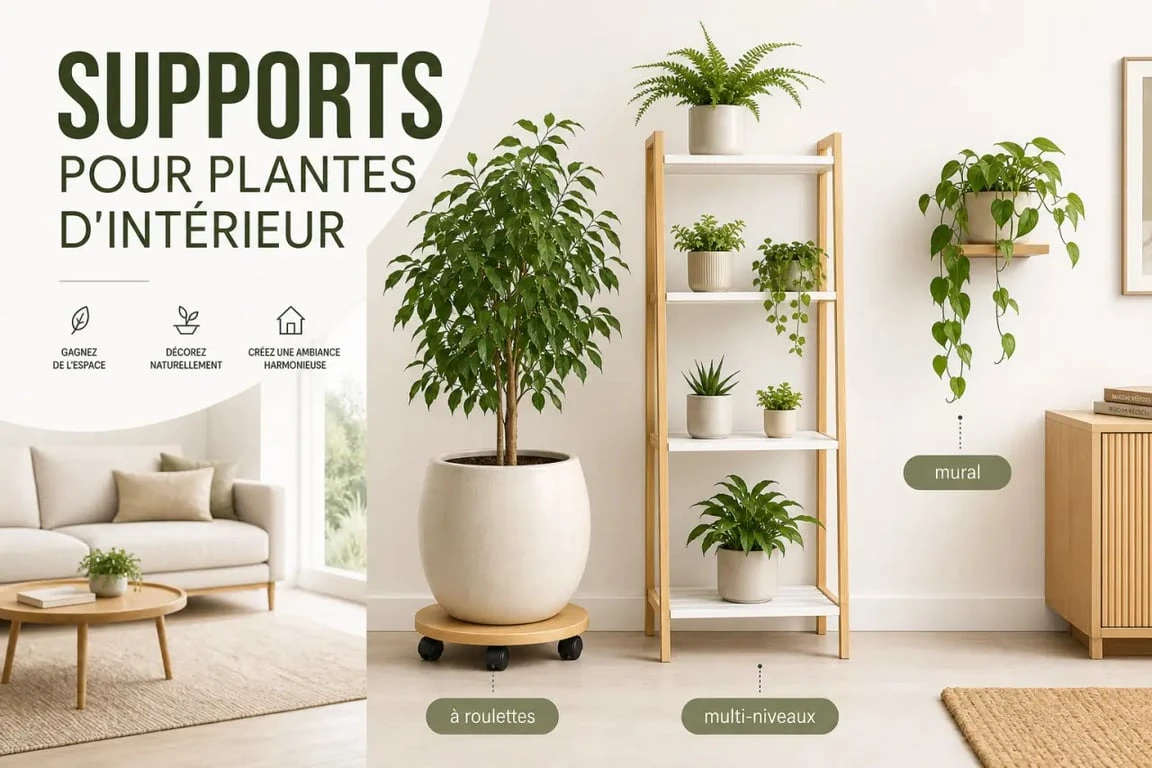 Support plante intérieur : scène déco montrant différents supports pour plantes d'intérieur dans un salon lumineux