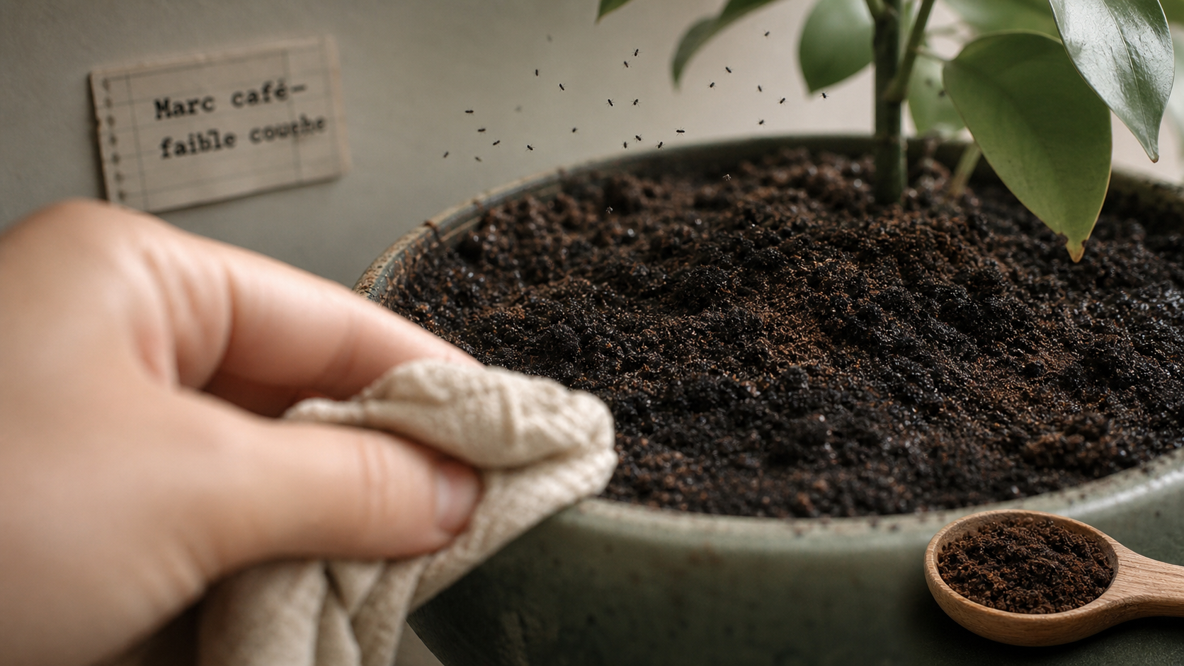 Marc de café plante moucheron : terreau humide et moucherons en bokeh