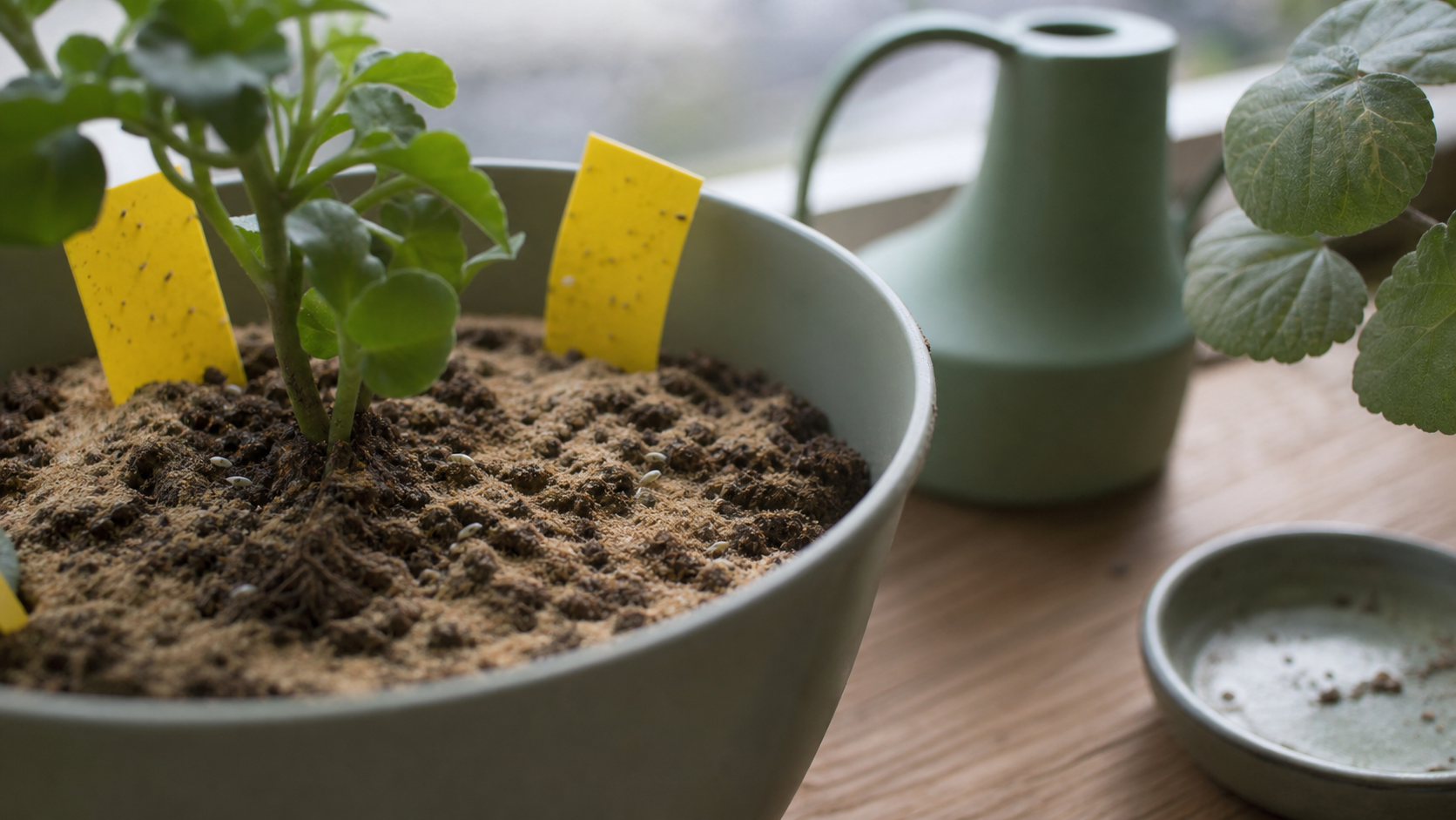 Moucherons dans les plantes : terreau avec cannelle et pièges jaunes sur un pot