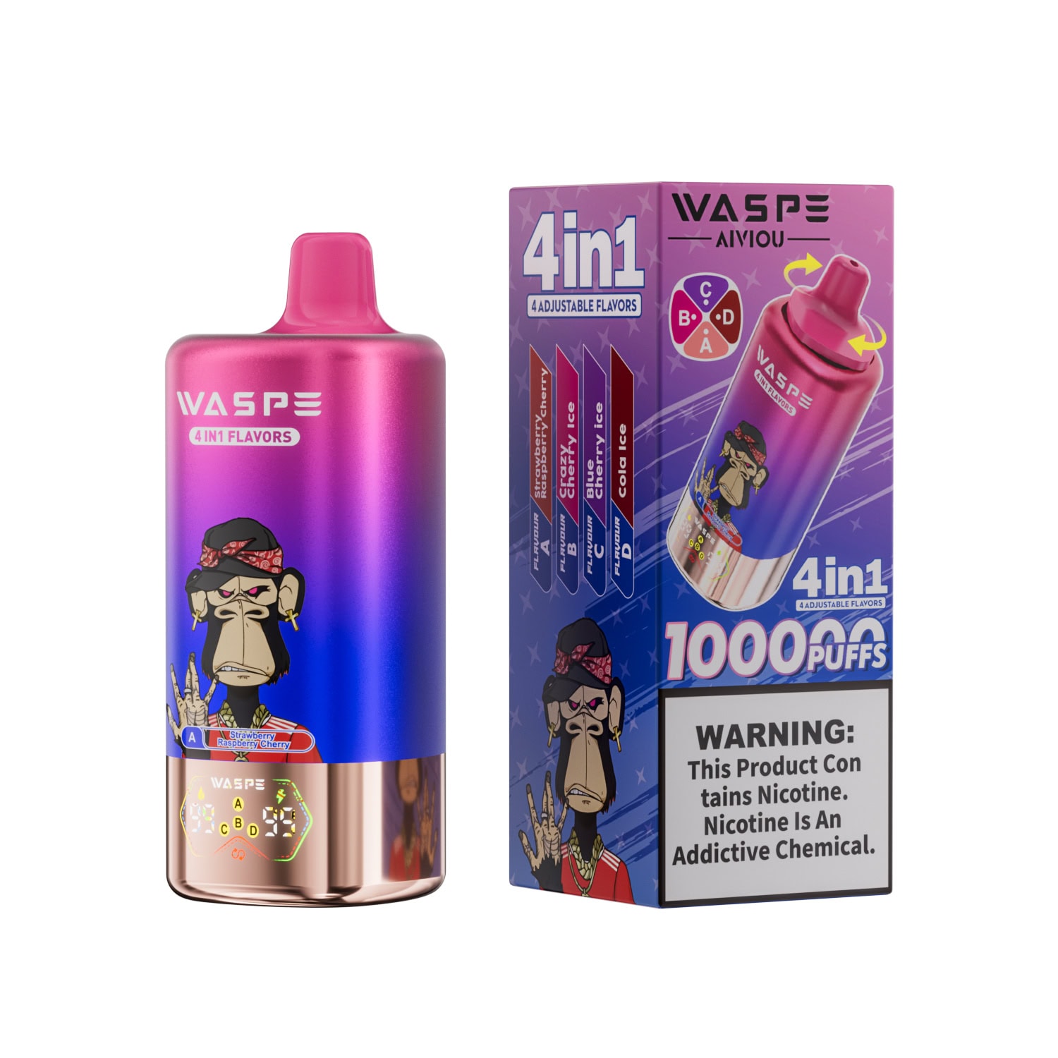 Waspe 4-in-1 100K Strawberry Raspberry Cherry & Crazy Cherry Ice & Blue Cherry Ice & Cola Ice – Bild 2