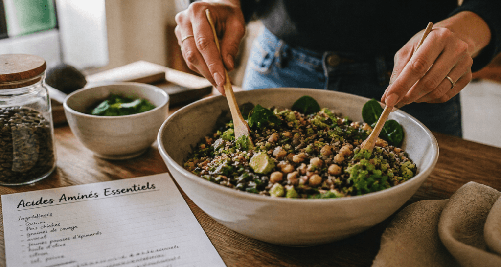 aliments et acides amines bol quinoa pois chiches
