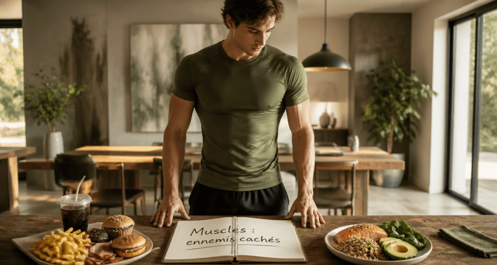 aliments mauvais pour les muscles sur une table, comparaison plats