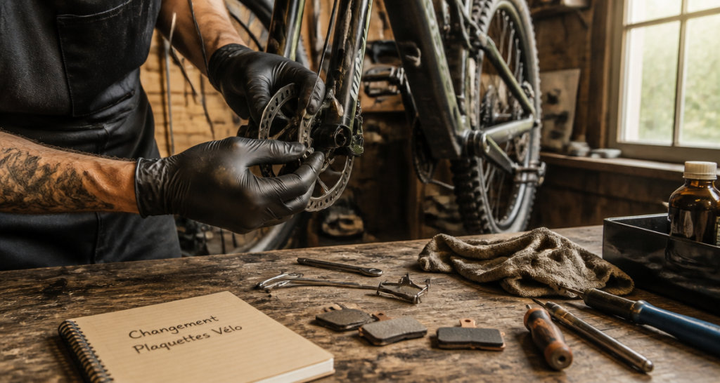 changer plaquette de frein velo sur VTT en atelier