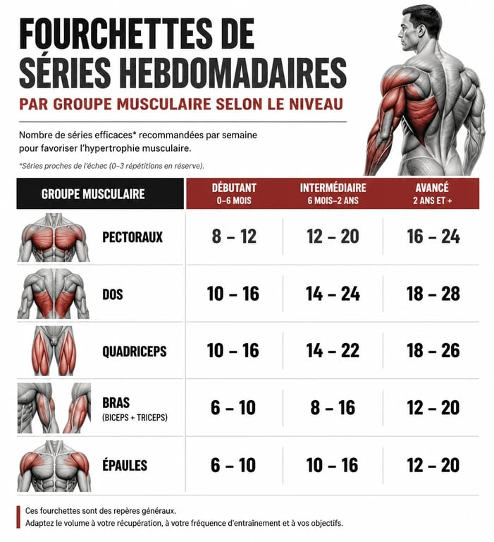 Tableau récapitulatif du nombre de séries par muscle par semaine pour optimiser la musculation