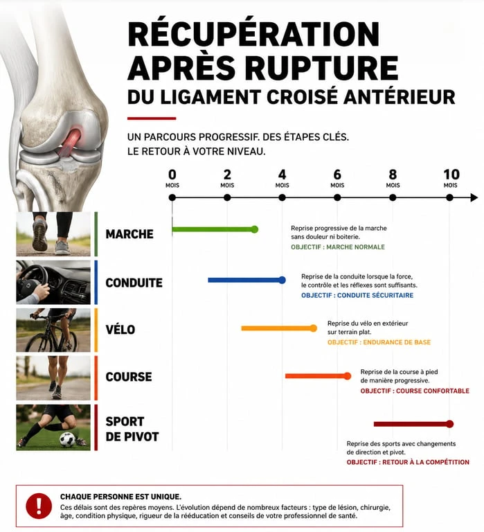 Infographie des délais de récupération après une rupture des ligaments croisés du genou