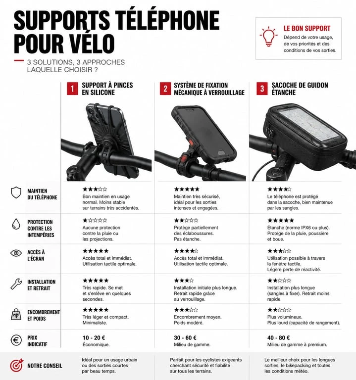 Comparatif des types de supports pour téléphone de vélo : silicone, mécanique et sacoche