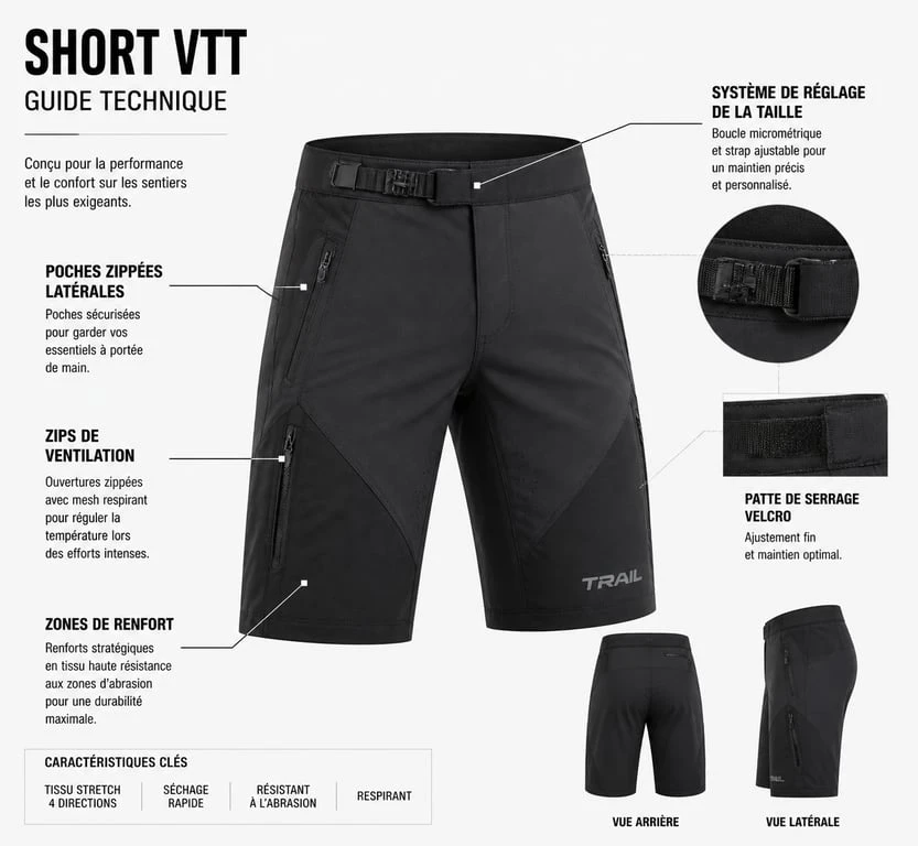 Anatomie d'un short VTT technique avec zones de renfort et poches zippées