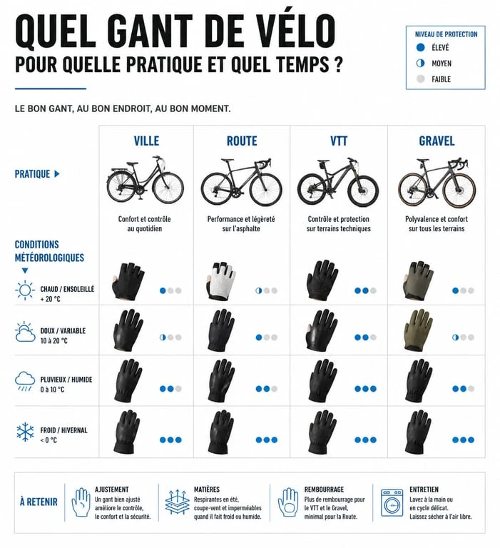 Infographie comparative des types de gants vélo selon la pratique et la saison