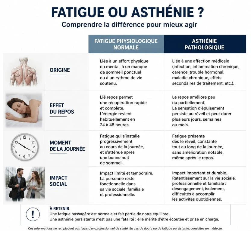 Infographie comparative entre fatigue normale et asthénie pour comprendre le manque d'énergie