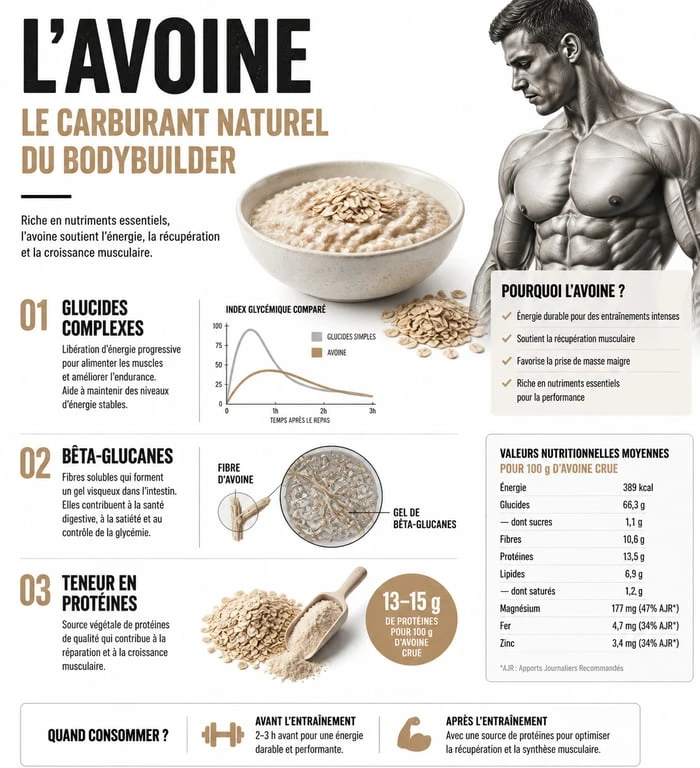 Infographie des bienfaits des flocons d'avoine pour la musculation et la prise de masse
