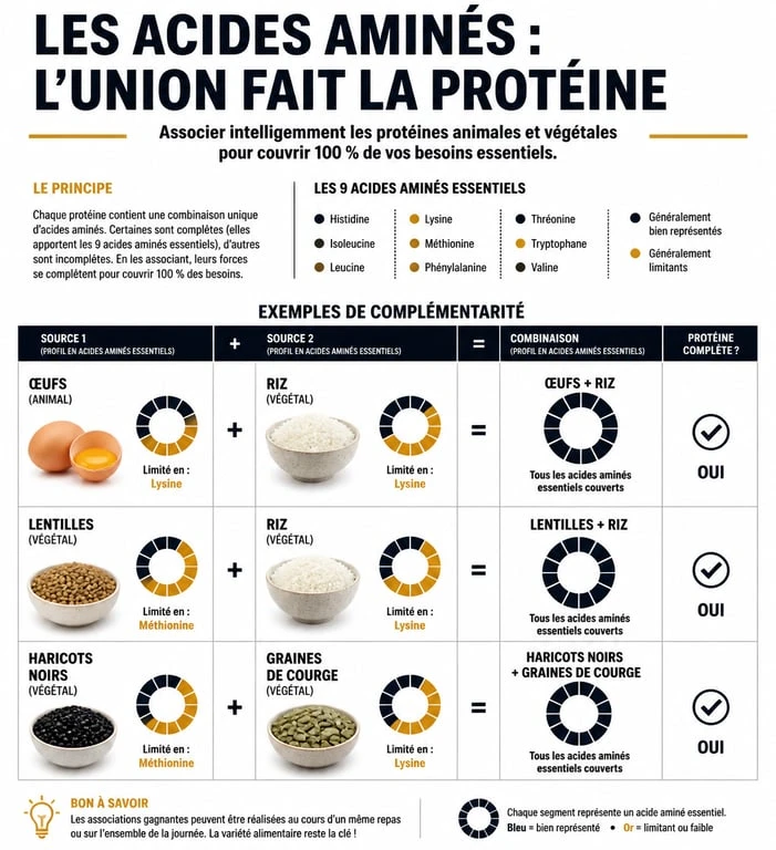 Infographie sur la complémentarité des acides aminés et les sources alimentaires