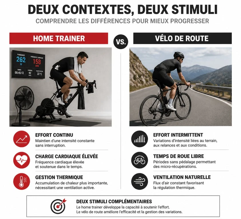 Infographie comparative : 1h de home trainer par jour vs 1h de vélo de route, montrant les différences d'effort et de charge cardiaque.