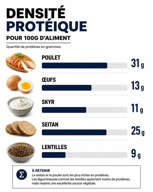 Infographie comparant la densité protéique des sources alimentaires pour atteindre 150 g de protéines par jour