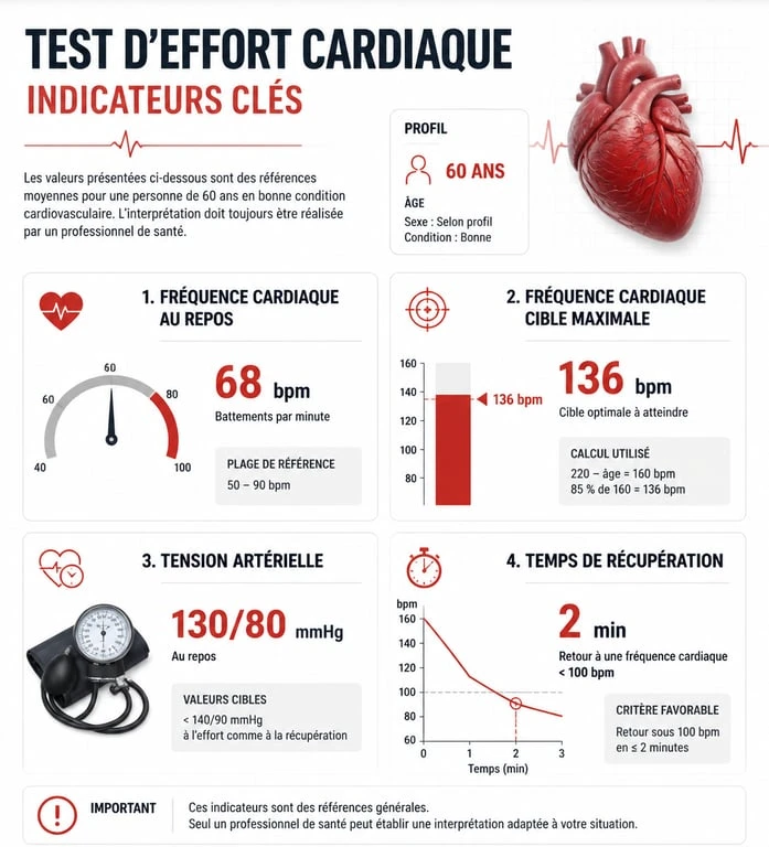 Infographie des indicateurs de santé pour un test d'effort à 60 ans