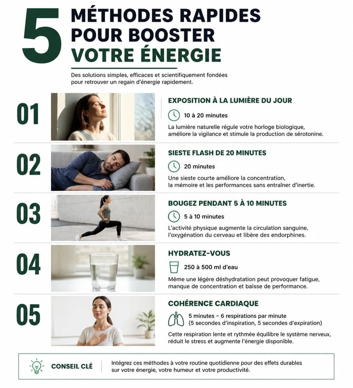 Infographie des méthodes pour avoir de l'énergie rapidement et booster sa vitalité