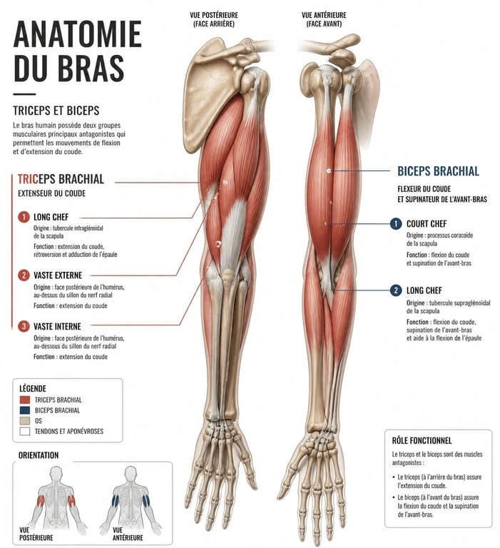 Schéma anatomique pour avoir des gros bras en 1 mois montrant les muscles triceps et biceps