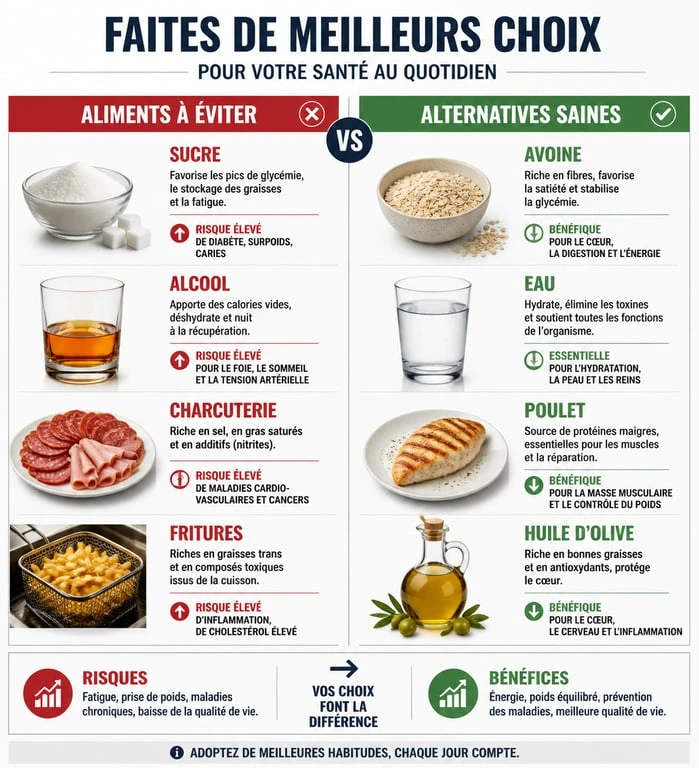 Infographie comparative des aliments mauvais pour les muscles et leurs alternatives saines pour la récupération sportive.
