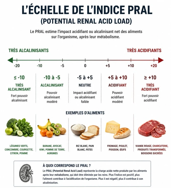 Infographie de l'indice PRAL pour classer les aliments acides ou basiques