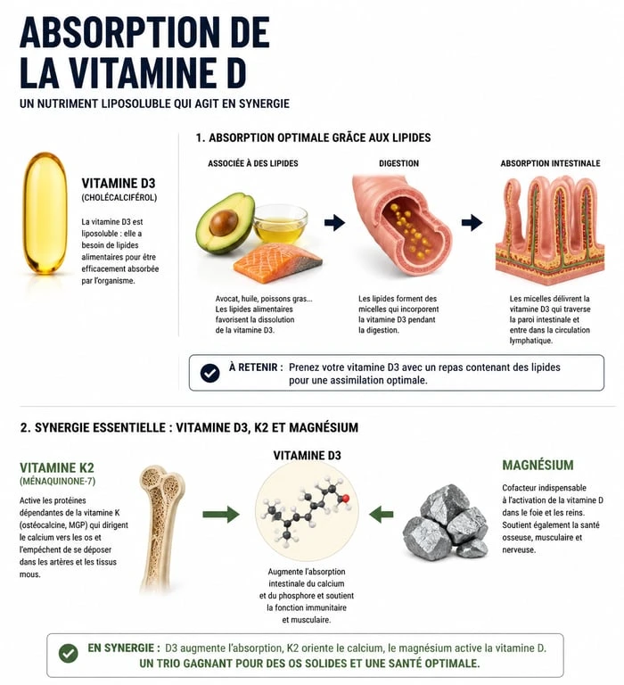 Infographie sur l'absorption optimale de la vitamine D et ses synergies nutritionnelles