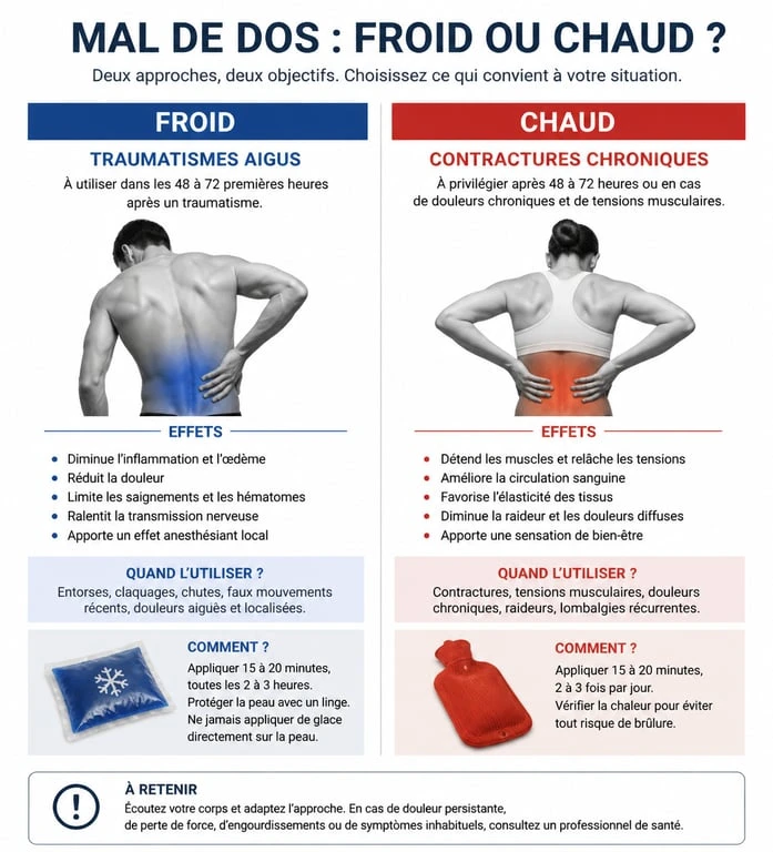 Infographie comparative : quand appliquer du chaud ou du froid pour soulager un mal de dos