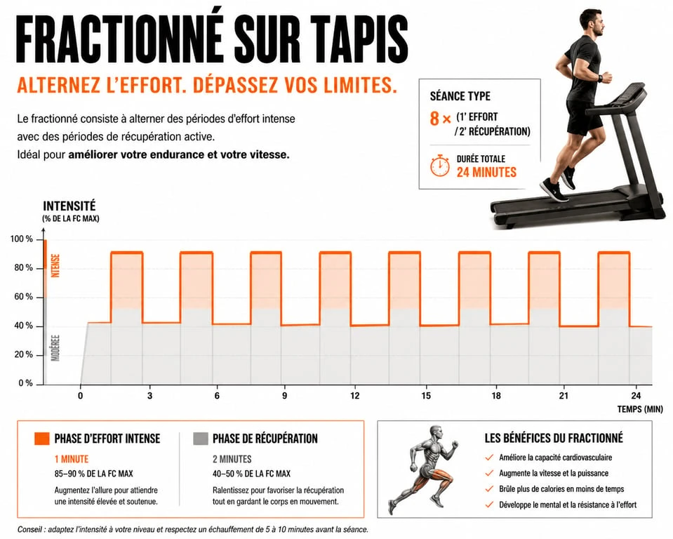 Infographie illustrant un programme pour tapis de course avec alternance d'intensités