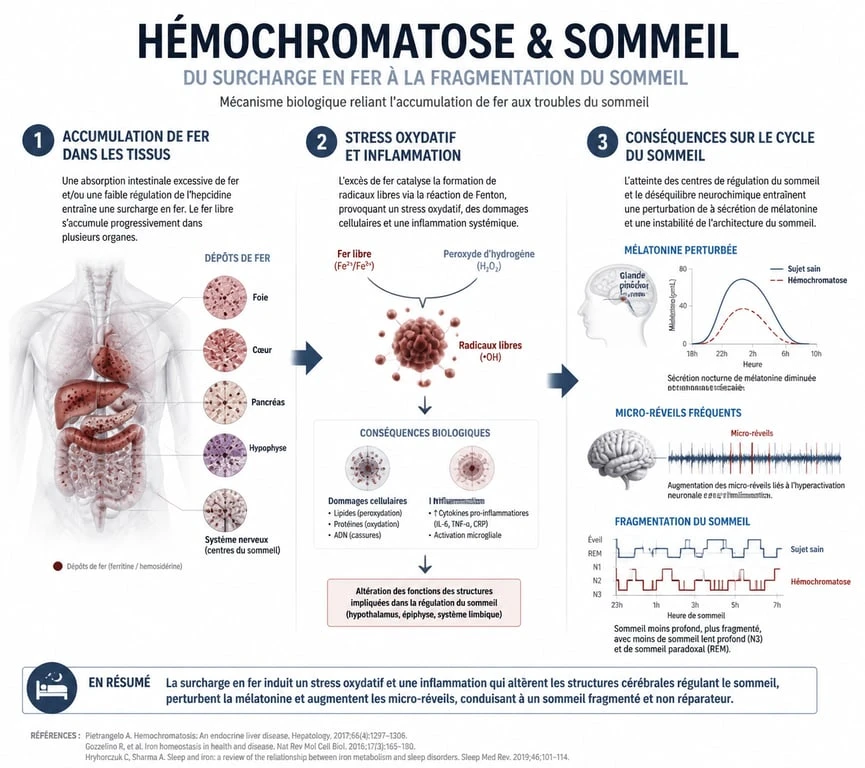 Schéma explicatif du lien entre l'hémochromatose et les troubles du sommeil