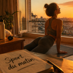 Femme faisant du sport matinale près d'une fenêtre au lever du soleil