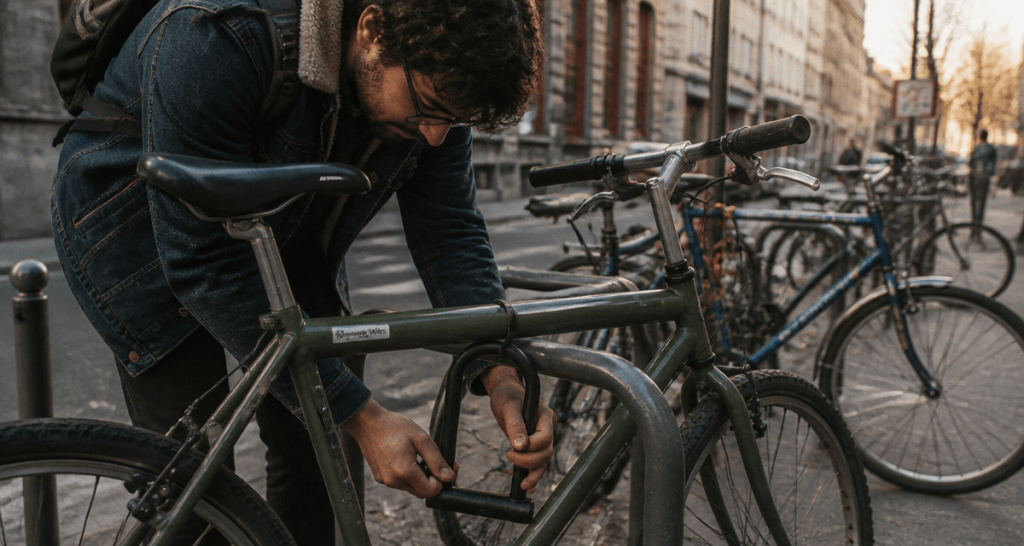 cadenas vélo attaché à un arceau en ville