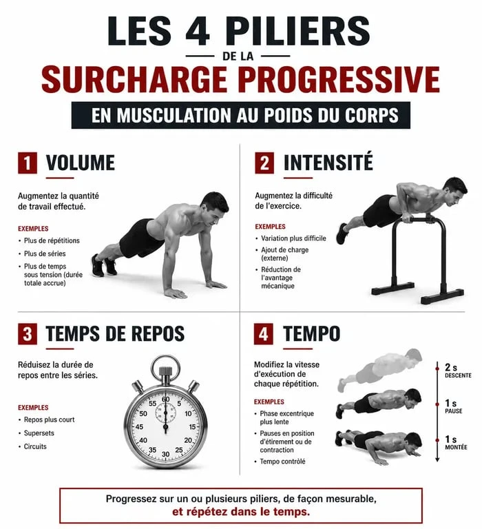 Infographie sur les leviers de la surcharge progressive pour un programme de musculation poids du corps