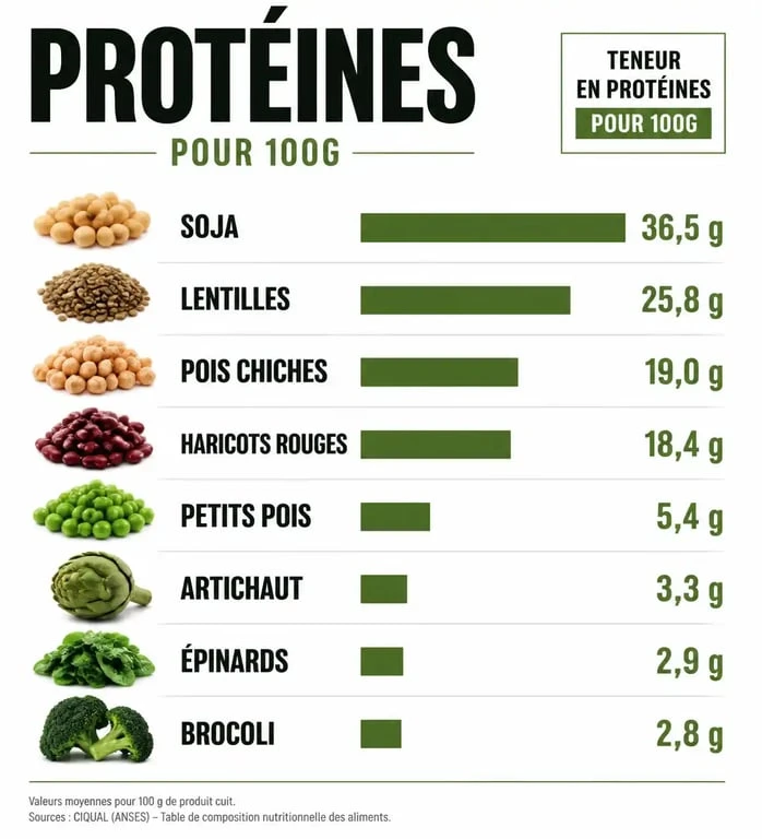 Infographie comparative des légumes riches en protéines et leur teneur nutritionnelle pour 100g