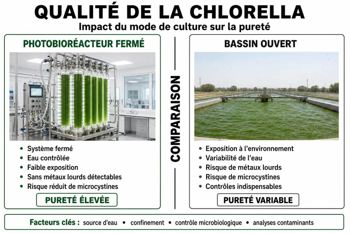 Infographie sur les dangers de la chlorella pour le foie et les critères de qualité