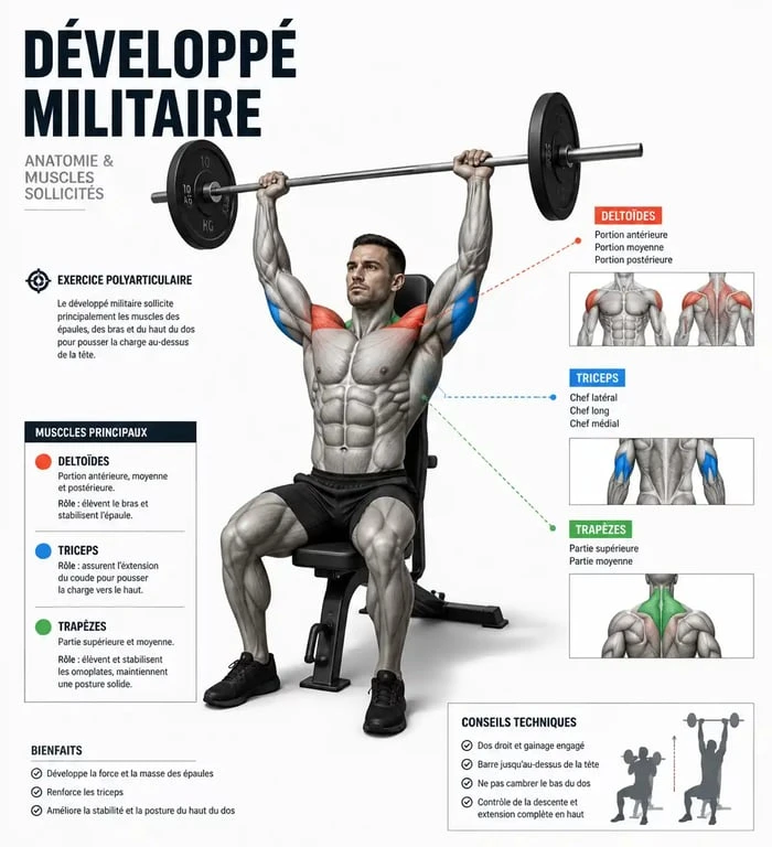 Schéma anatomique des muscles sollicités lors du développé militaire