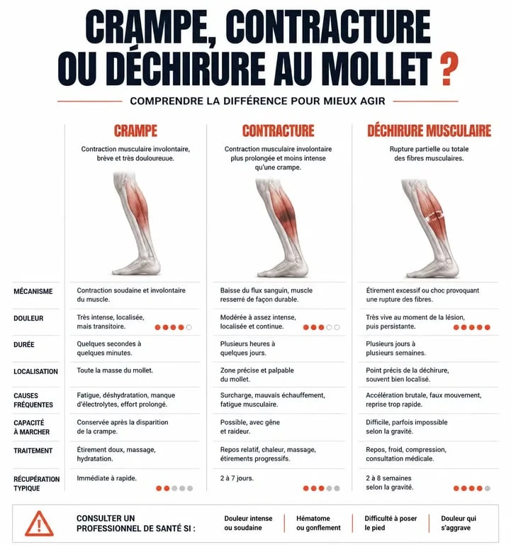Tableau comparatif des symptômes : crampe, contracture au mollet et déchirure musculaire
