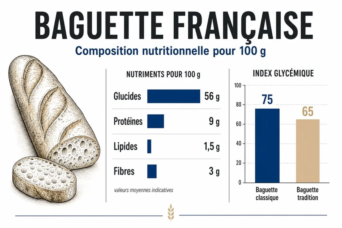 Infographie nutritionnelle comparant les calories et la composition d'une baguette de pain classique et d'une baguette tradition