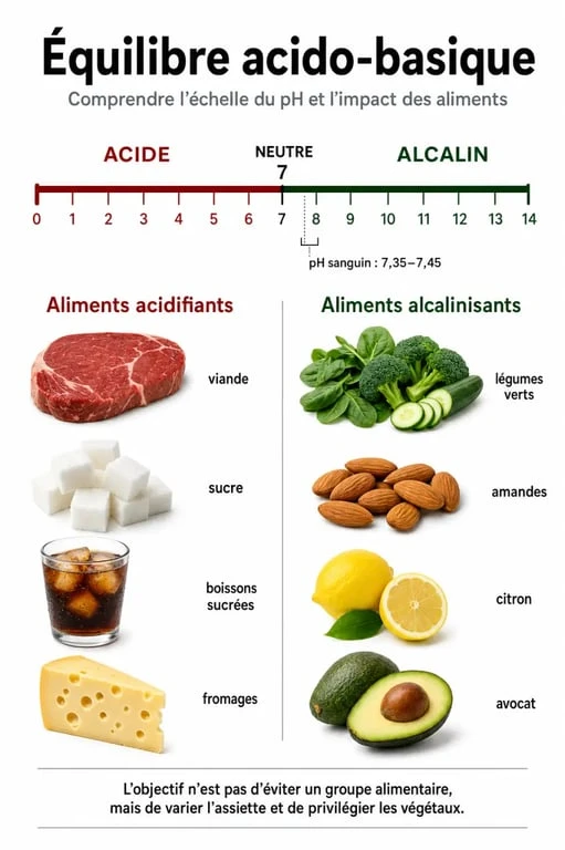 Infographie sur l'équilibre acido-basique et les 4 signes que votre corps est trop acide