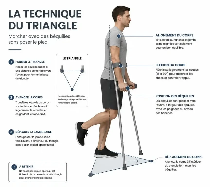 Technique du triangle pour marcher avec des béquilles sans poser le pied au sol