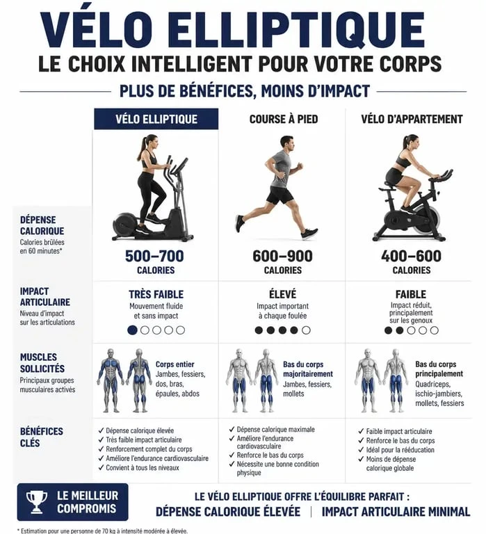 Infographie comparative des bénéfices de 30 minutes de vélo elliptique par jour