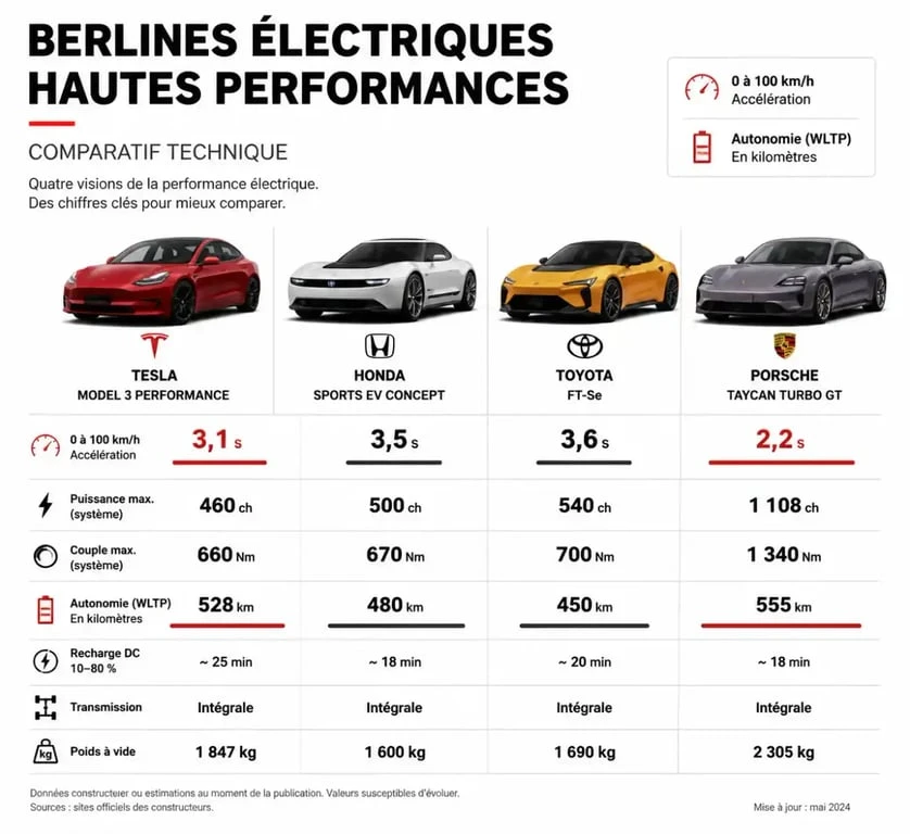 Comparatif des performances techniques des modèles de voitures électriques sportives sports EV