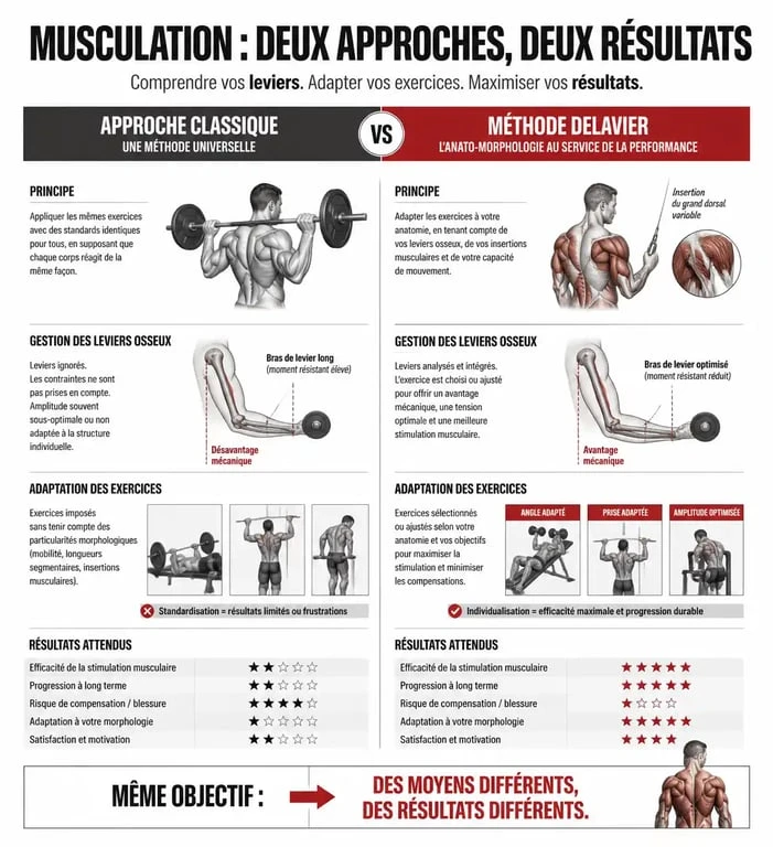 Infographie comparative : Approche classique vs Méthode de musculation Delavier