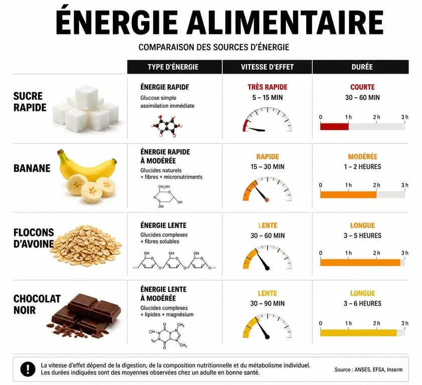 Infographie comparative des aliments qui donnent de l'énergie rapidement et durablement