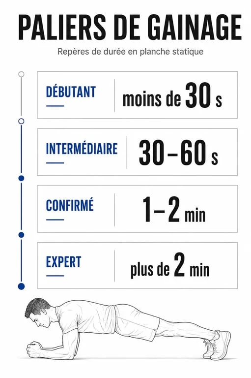 Infographie des paliers de gainage et temps de maintien pour progresser efficacement