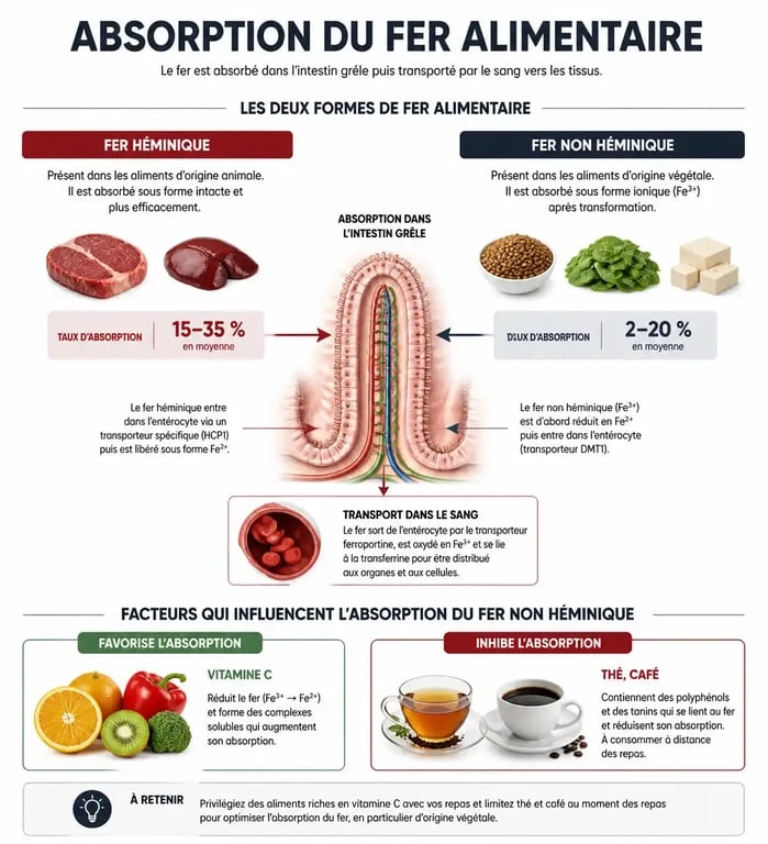 Infographie sur l'absorption des aliments pour manque de fer et les facteurs favorisant ou inhibant l'assimilation.