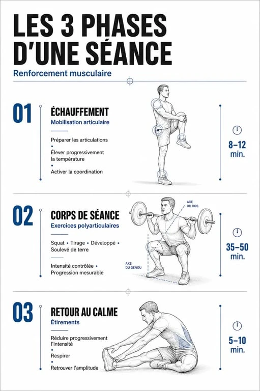 Infographie illustrant les trois phases d'une séance de renforcement musculaire efficace
