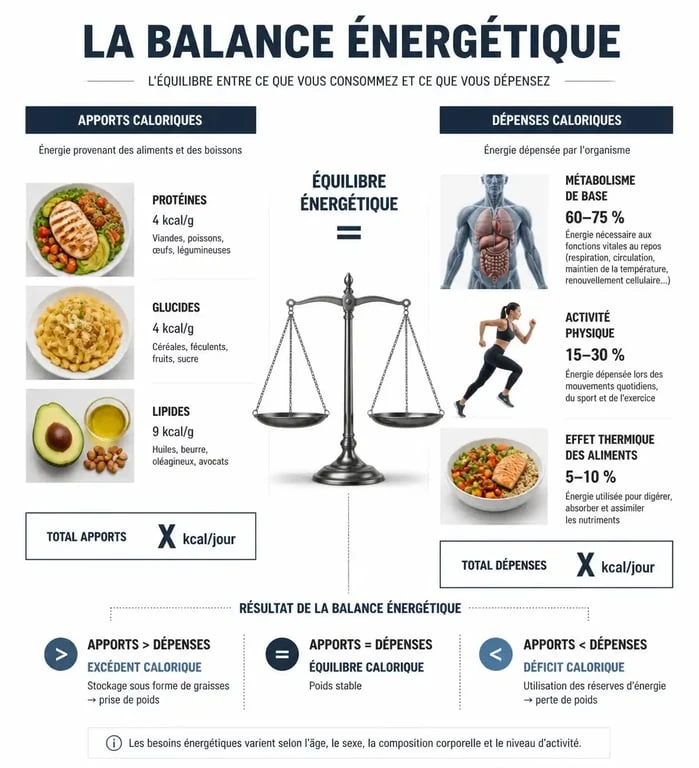 Infographie expliquant le principe du déficit calorique et la balance énergétique pour la perte de poids