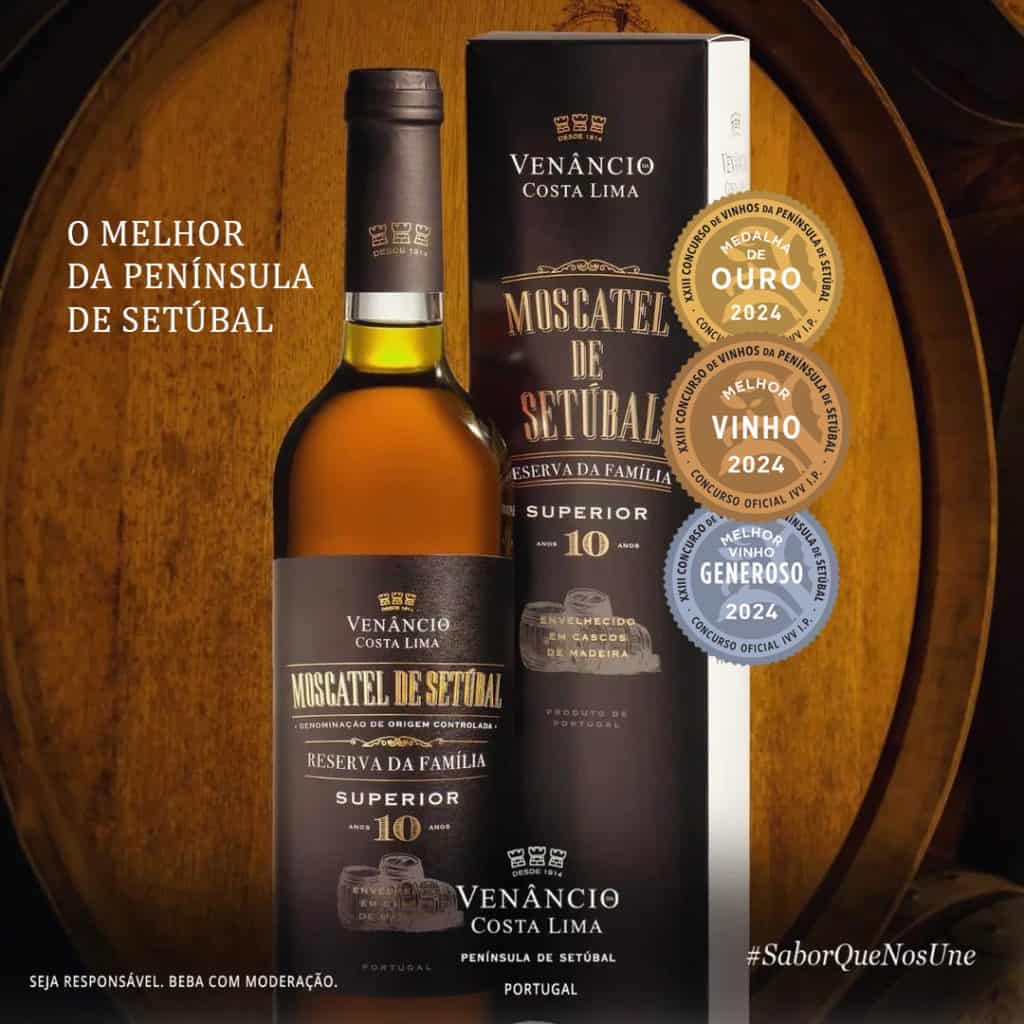 Reserva de vinho Moscatel de Setúbal Venêncio Costa Lima envelhecido 10 anos, destaque na península de Setúbal, com distinções de ouro, vinho generoso e selo de qualidade Portugal.